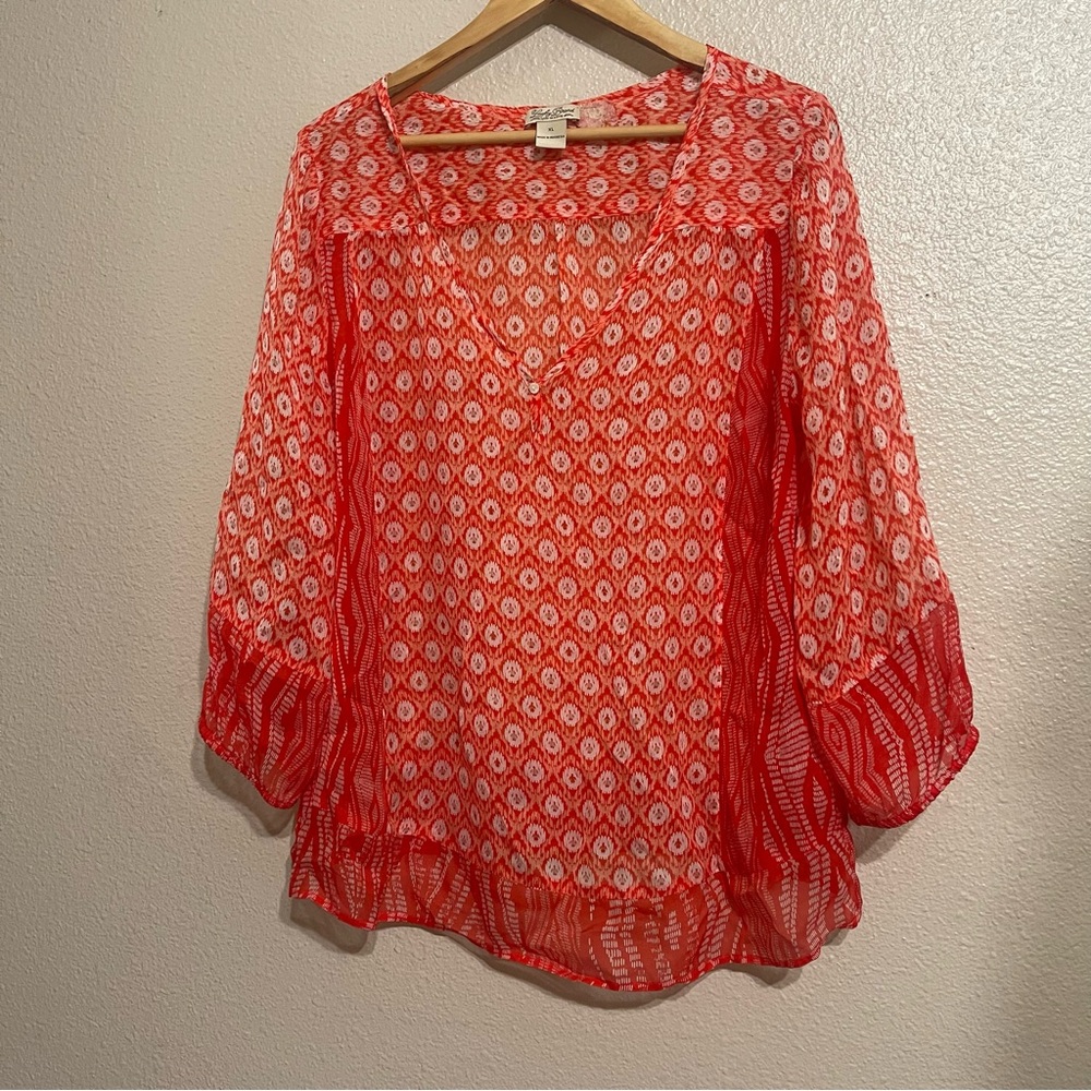 Lucky Brand Caley Mixed Print Orange Sheer Boho Peasant Blouse - Picture 2 of 9